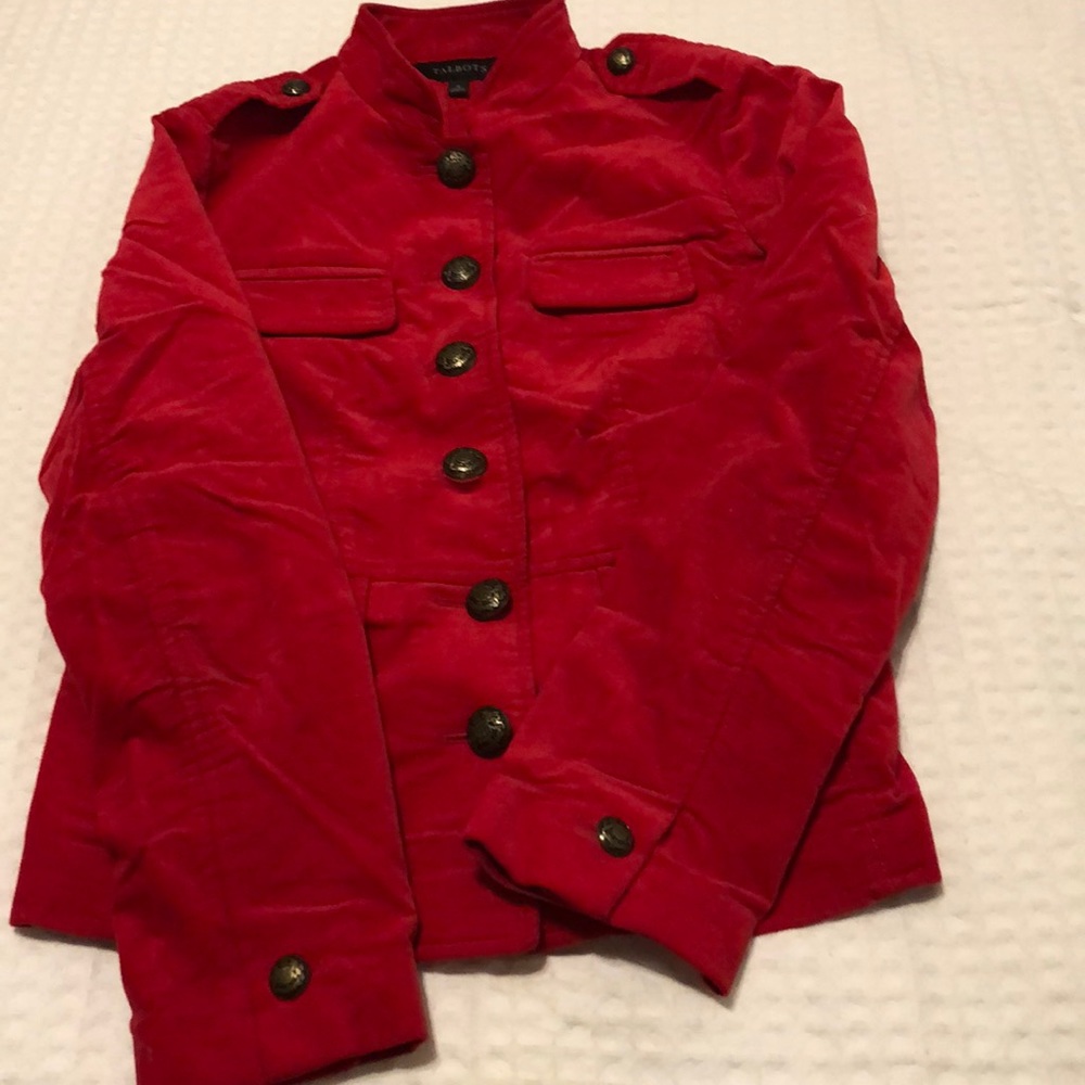 Talbots red velveteen military style jacket with brass buttons